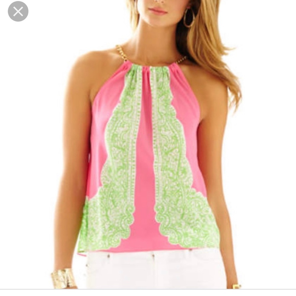 Lily Pulitzer pink and green Tank with gold chain